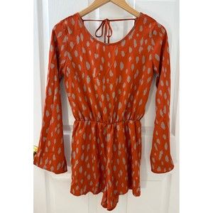 Women’s Boutique Bell Long Sleeve Romper Tie Back Detail Orange Rust Pattern